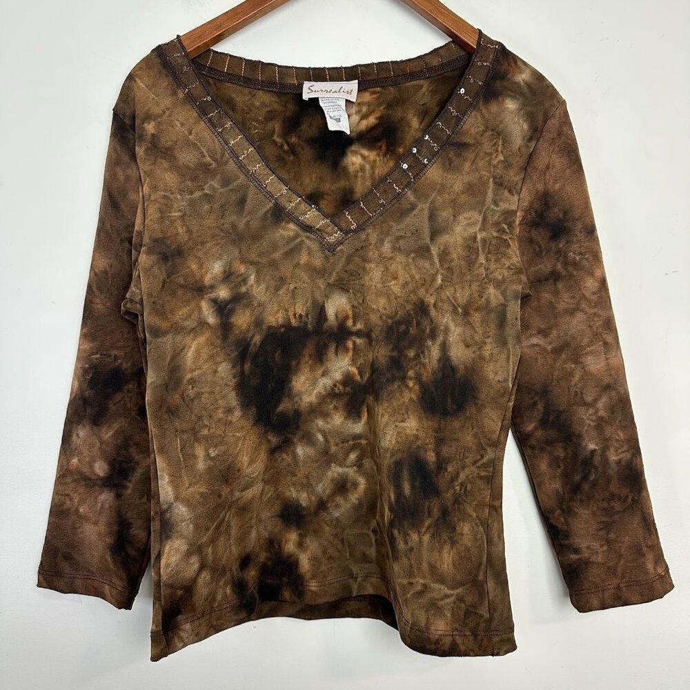 Y2K Top Size L Brown Beaded Tie Dye Casual‎ Stretch Boho Whimsigoth Fairy Grunge